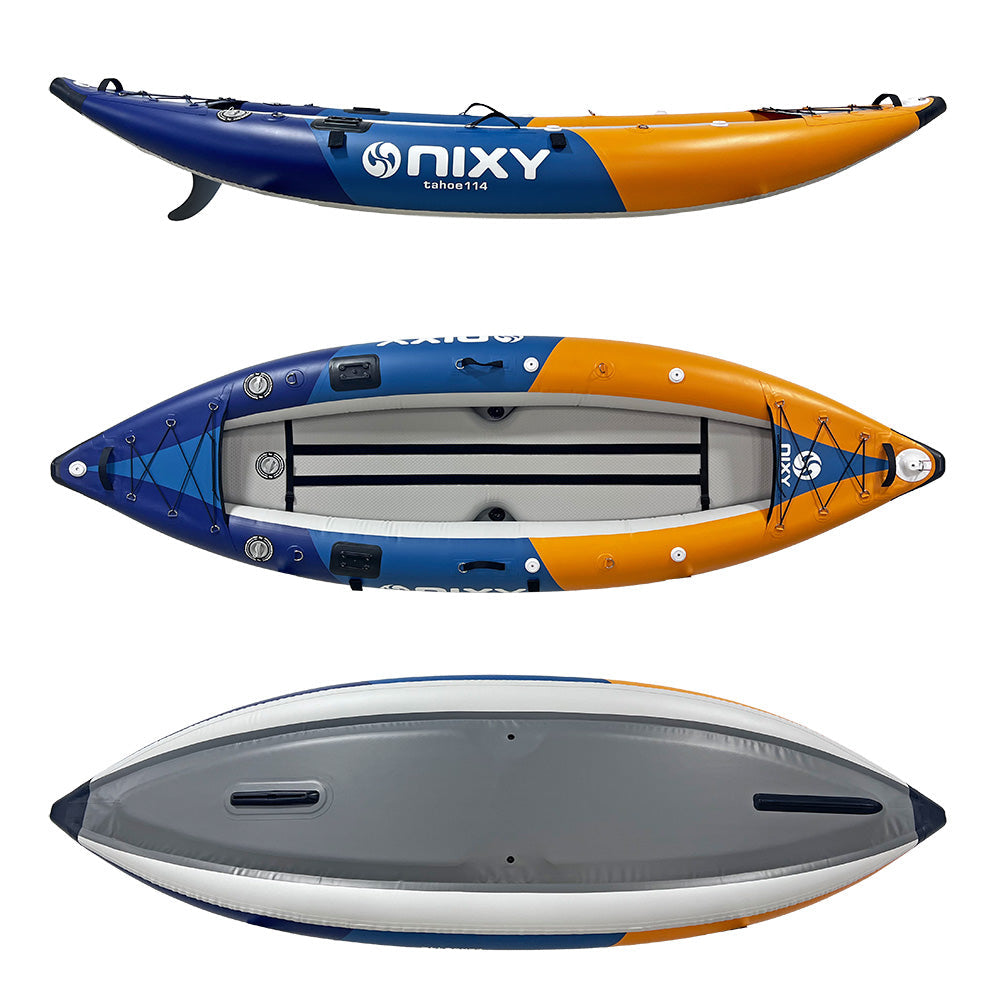 NIXY Tahoe 114 single person inflatable kayak with a rigid 10 cm drop-stitch floor and PVC tarpaulin side tubes