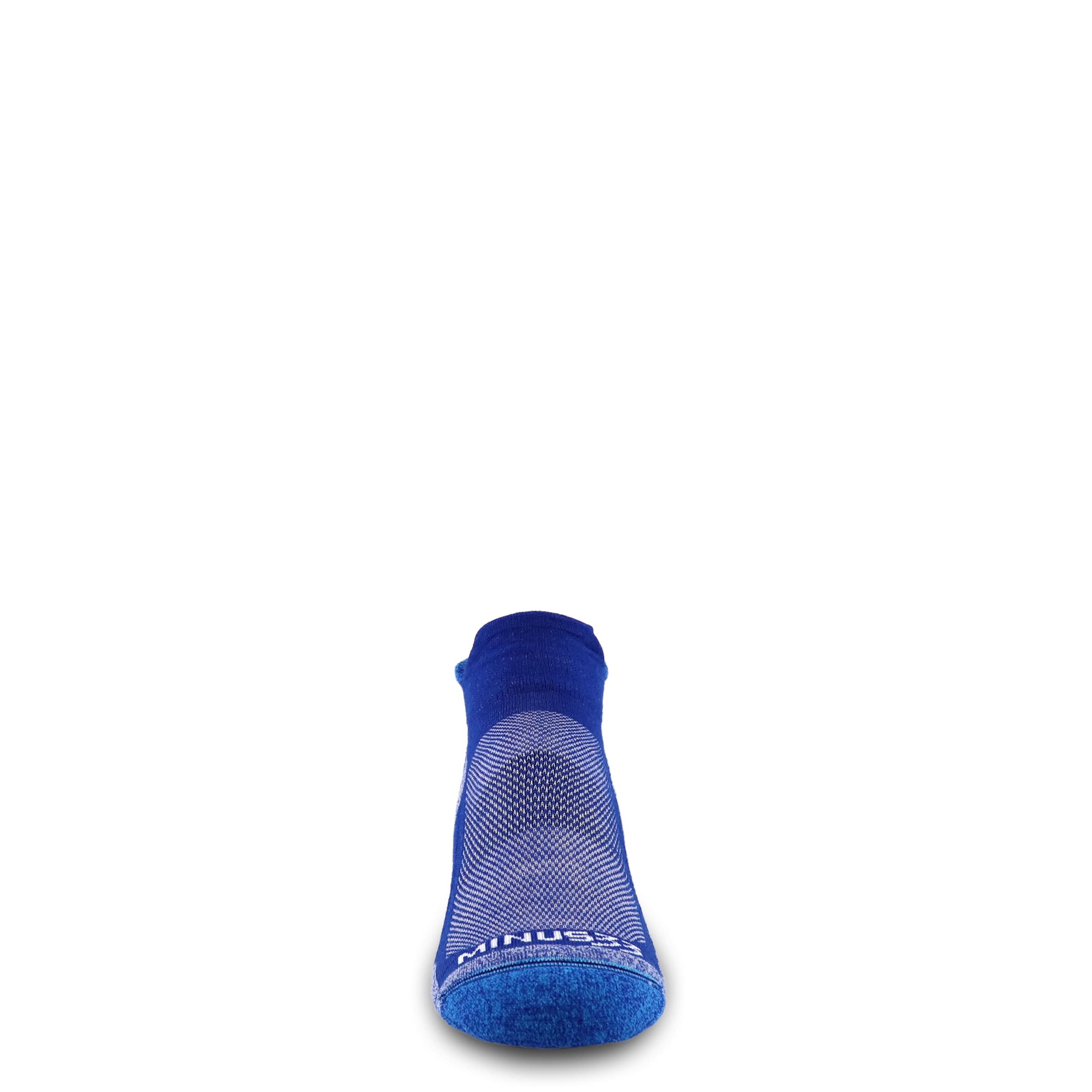 no show performance wool  cushioned running socks, toe-facing front view