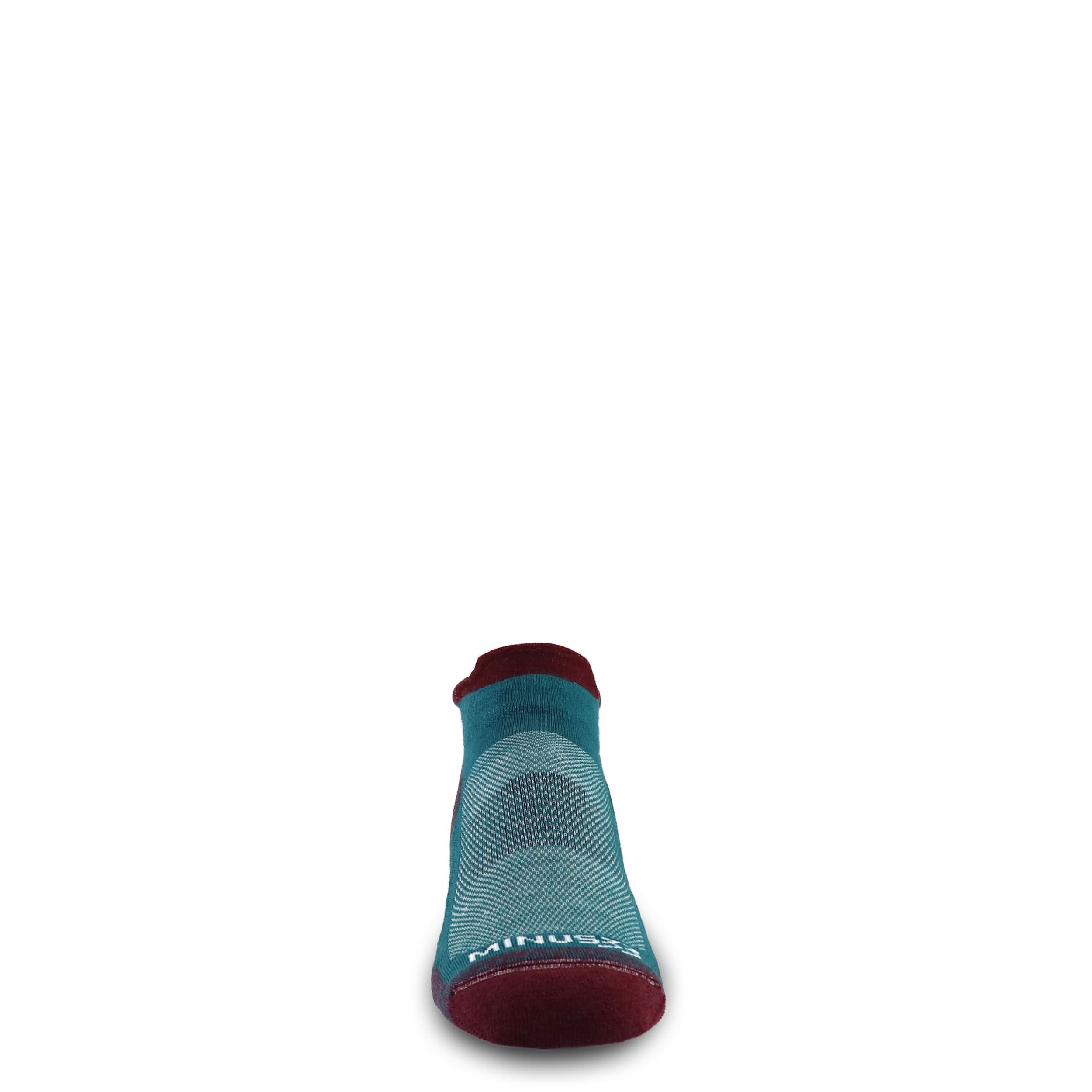 no show performance wool  cushioned running socks, toe-facing front view