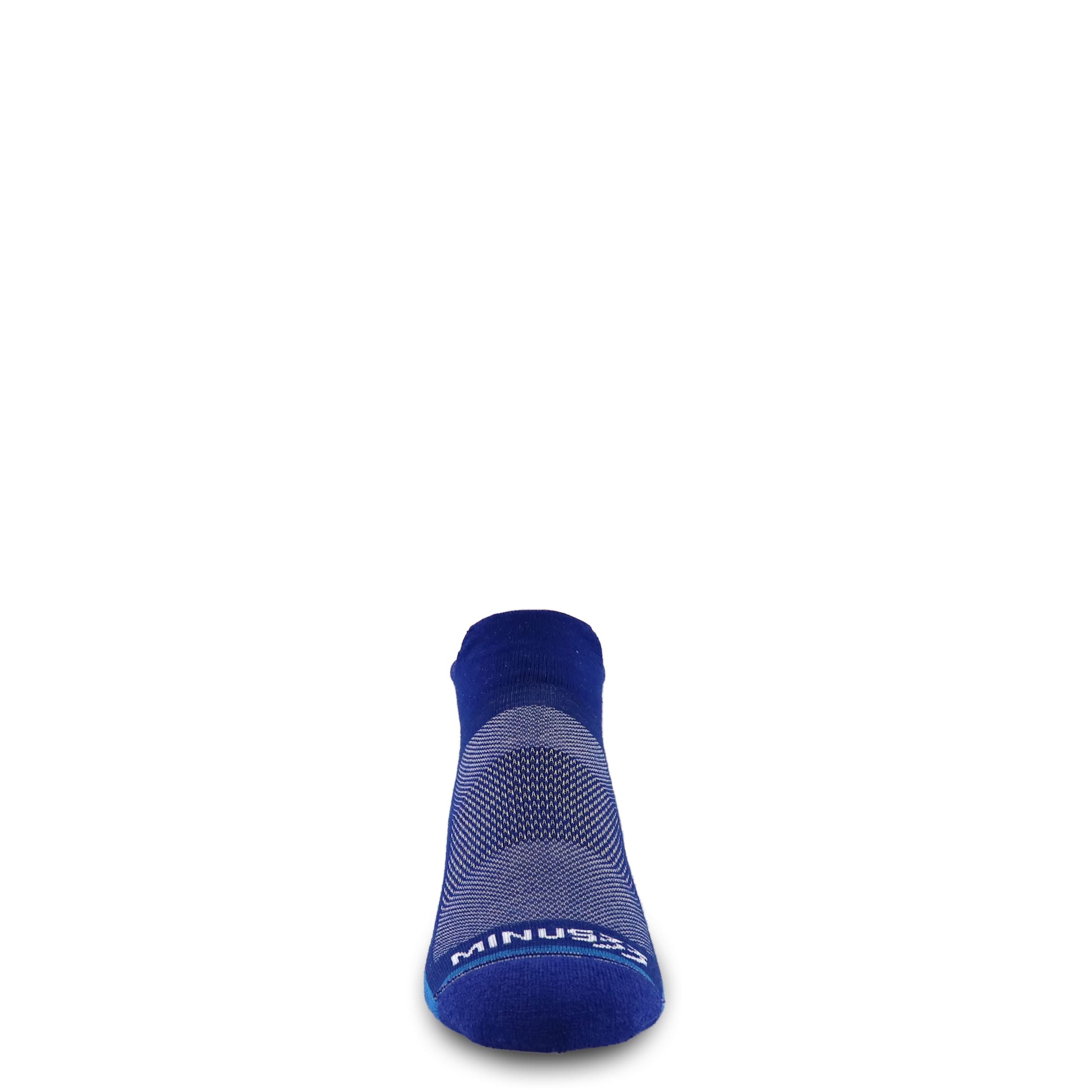 Blue no-show running sock facing forward with cushioned toe