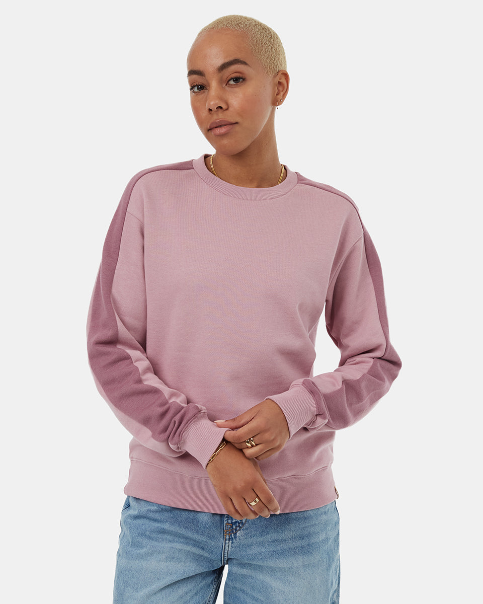 Tentree Women's Blocked Sleeve Stripe Crew - Dawn Pink Dusky Orchid