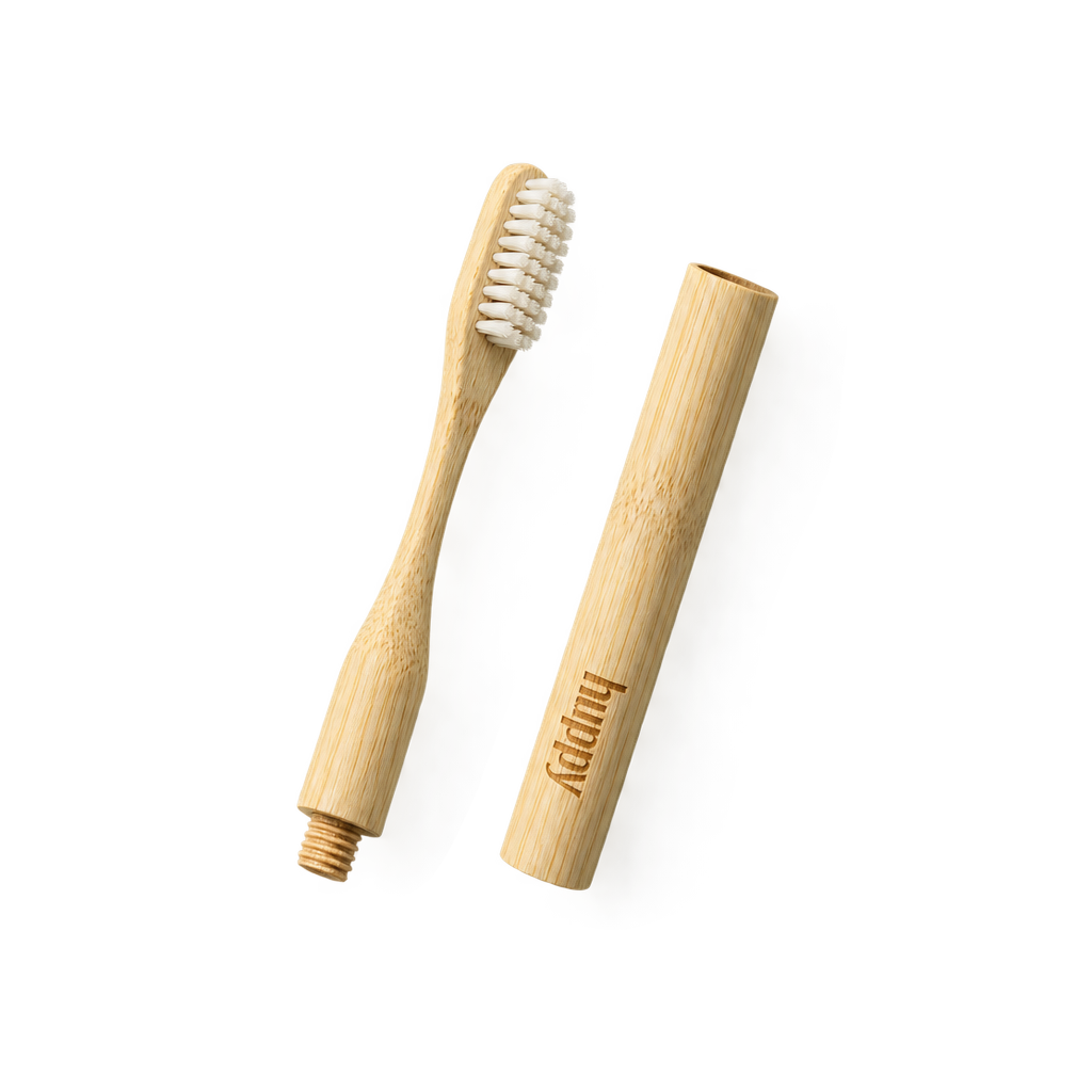 Huppy bamboo travel toothbrush separated into brush head and detachable handle