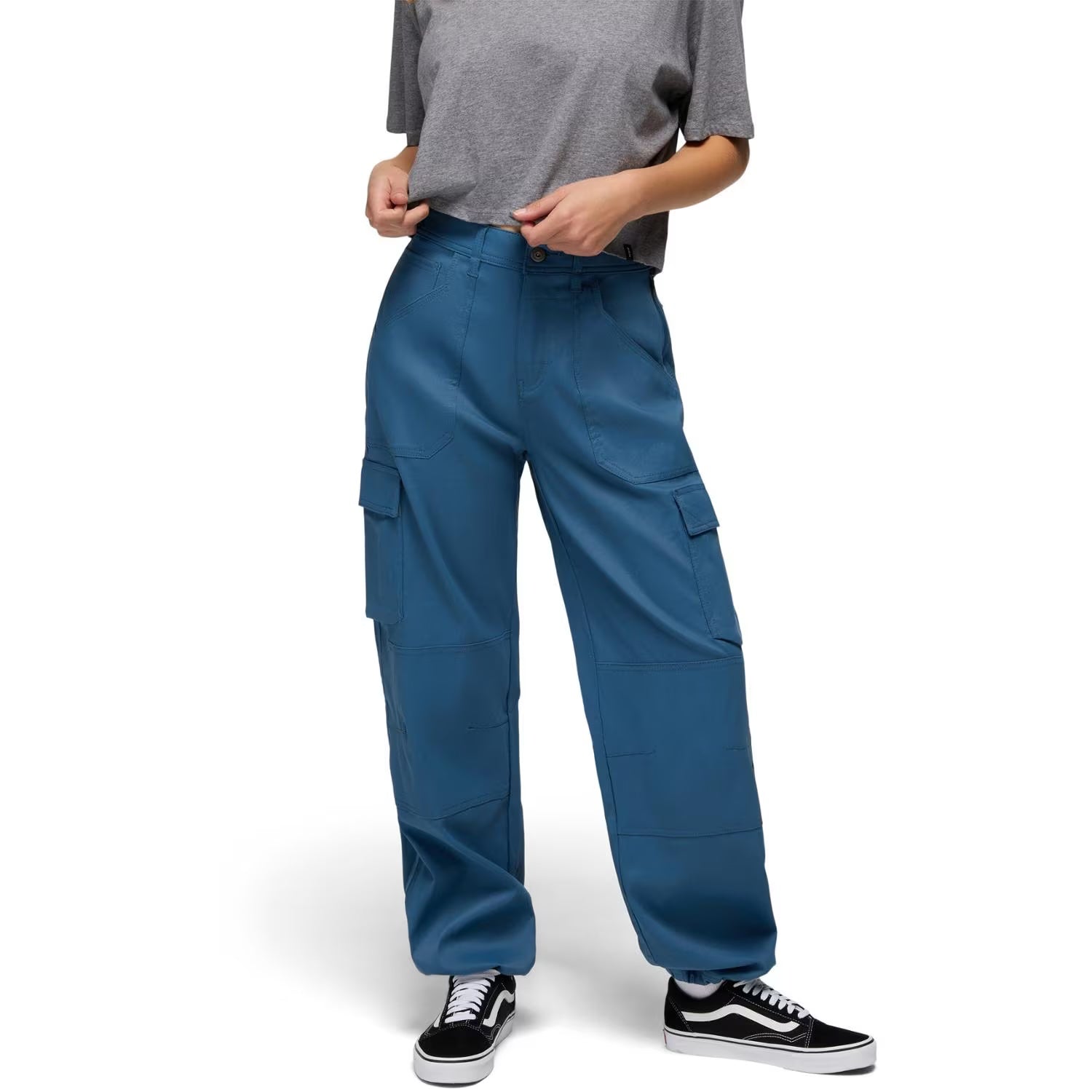 prAna Stretch Zion High-Rise Cargo Pants - Women's - Bluff Blue - On Body Image of color Bluff Blue
