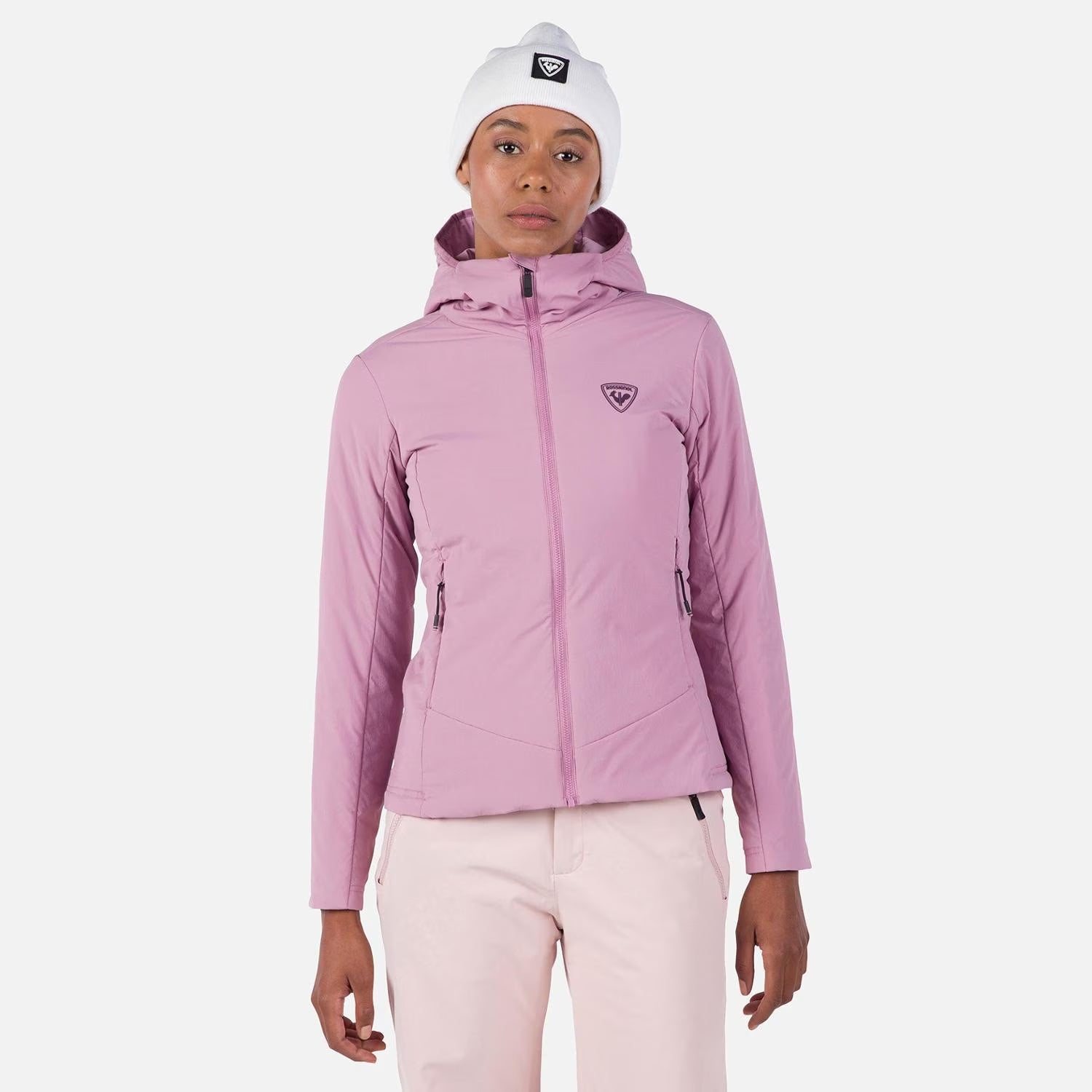 Rossignol Opside Insulated Hoodie Jacket - Women's - Moonlite Mauve - On Body Image of color Moonlite Mauve