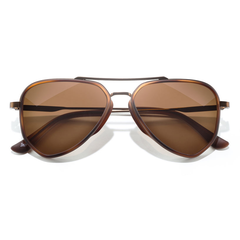 Sunski Astra Polarized Sunglasses - Tortoise Amber - Brown sunglasses with a gold frame on a white background