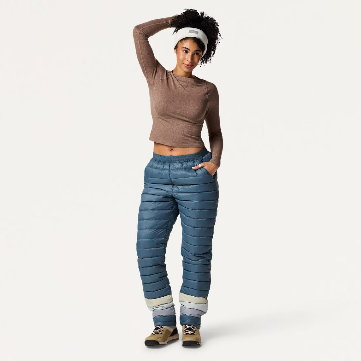 Cotopaxi Fuego Down Pants - Women's - Slate Stripes - On Body Image of color Slate Stripes