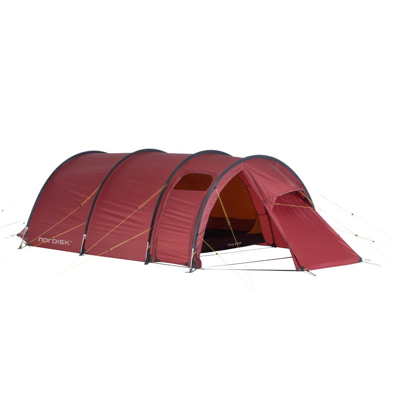 Nordisk Sirius 4 EXP red four-pole tunnel tent with open front vestibule