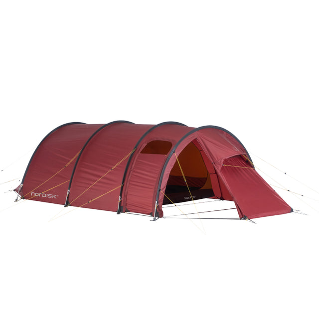 Nordisk Sirius 4 EXP red four-pole tunnel tent with open front vestibule