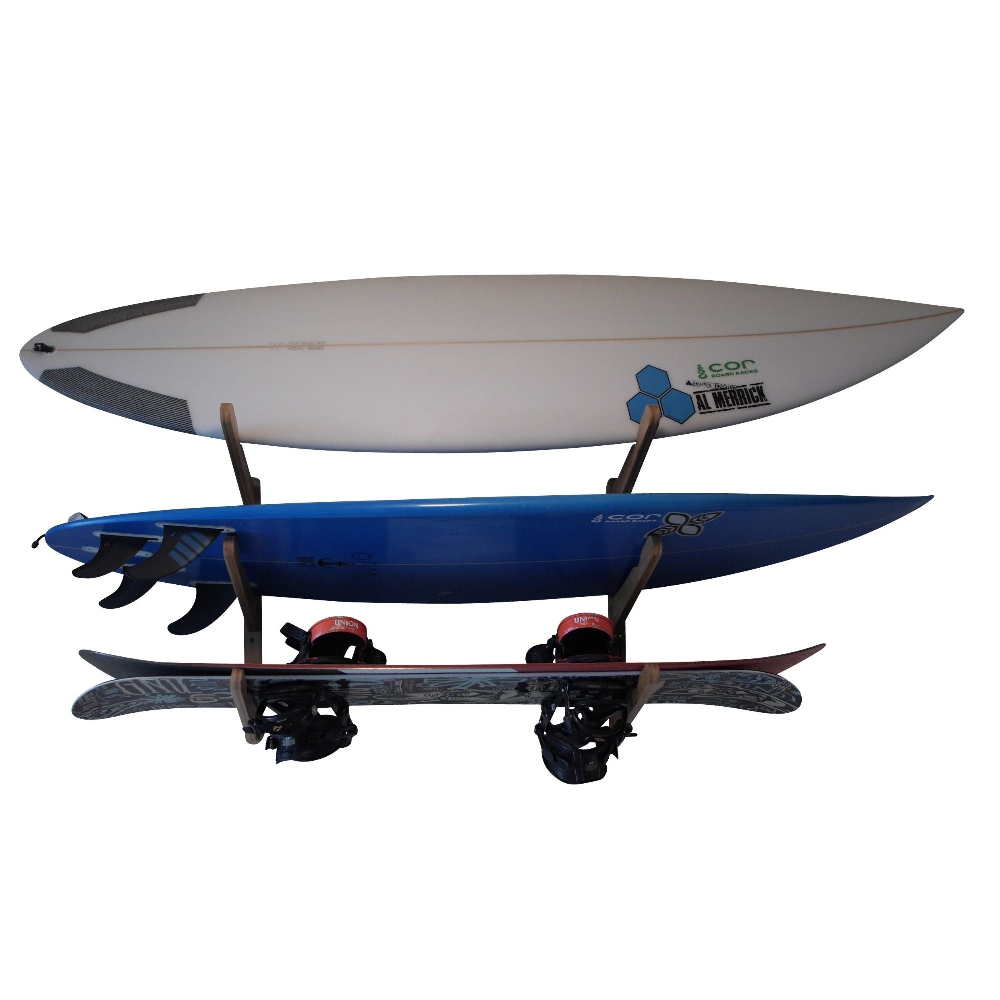 COR Surf Triple Surfboard Wall Rack | Bamboo Rack Perfect for Surf, Wakeboards, Snowboards, Skateboards