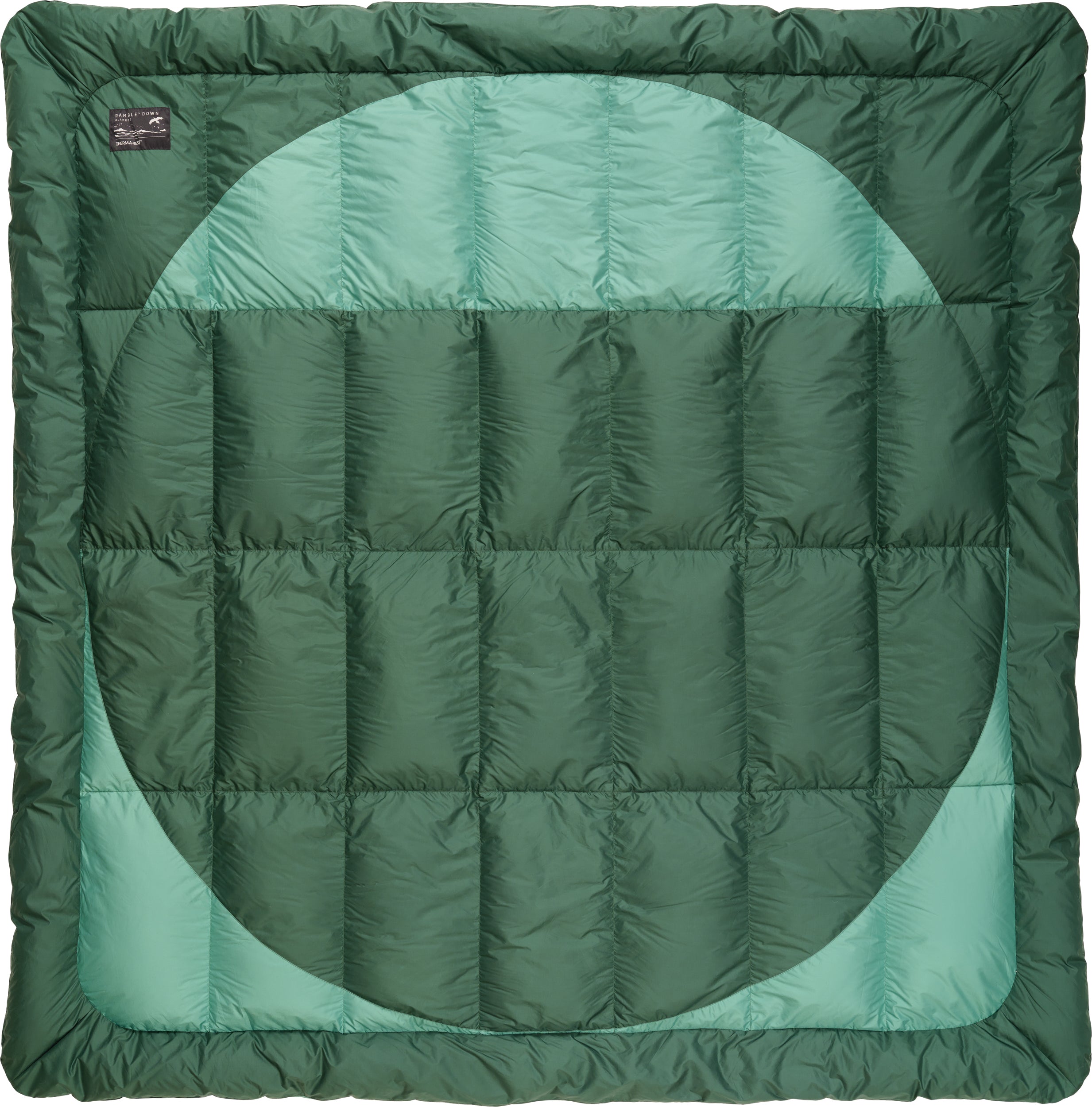 Therm-a-Rest Ramble Down blanket laid flat in Dark Spruce
