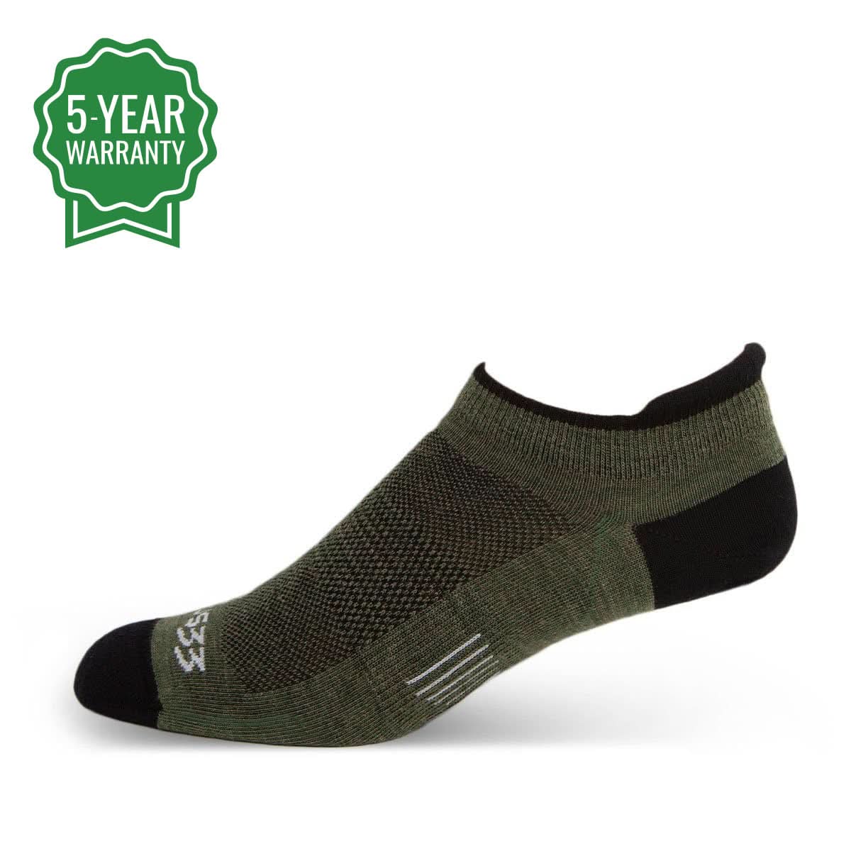 Side view of olive drab micro weight merino wool no-show tab liner socks arranged on a white background, showing thin knit, low-cut openings, protective heel tabs, shaped heels, and smooth toes