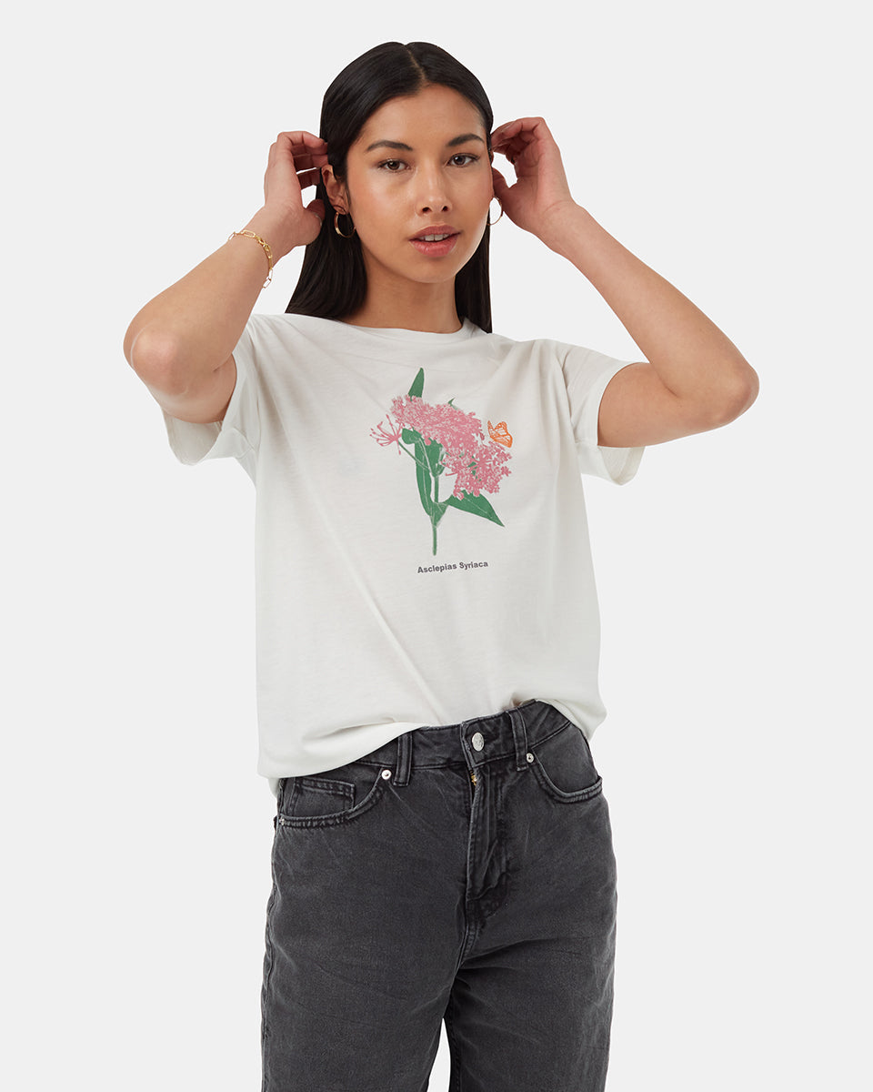 Tentree Women's Monarch Botanical T-Shirt - Cloud White Heather Dawn Pink
