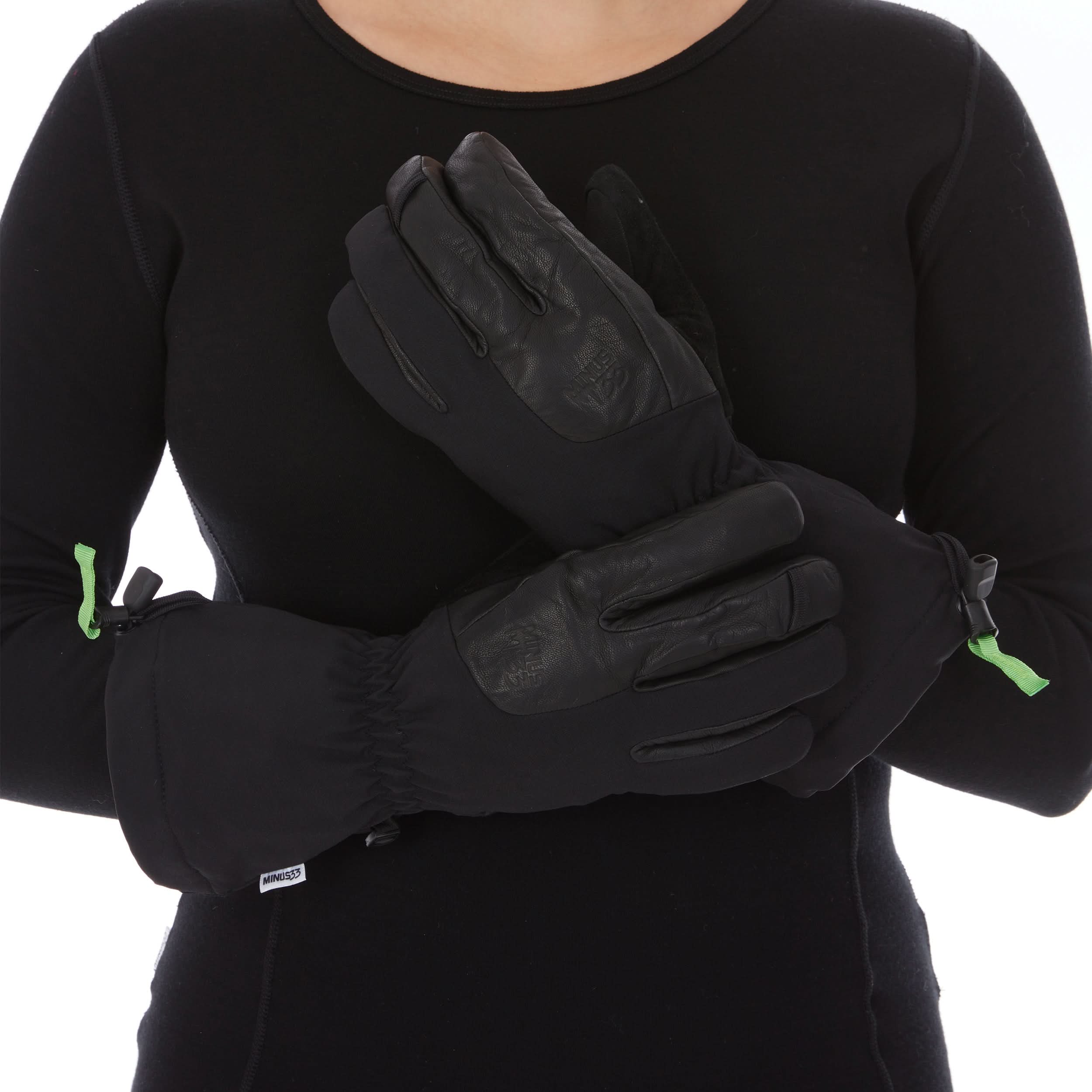 winter guide glove heavyweight wool waterproof glove, worn pair with crossed arms, palm view