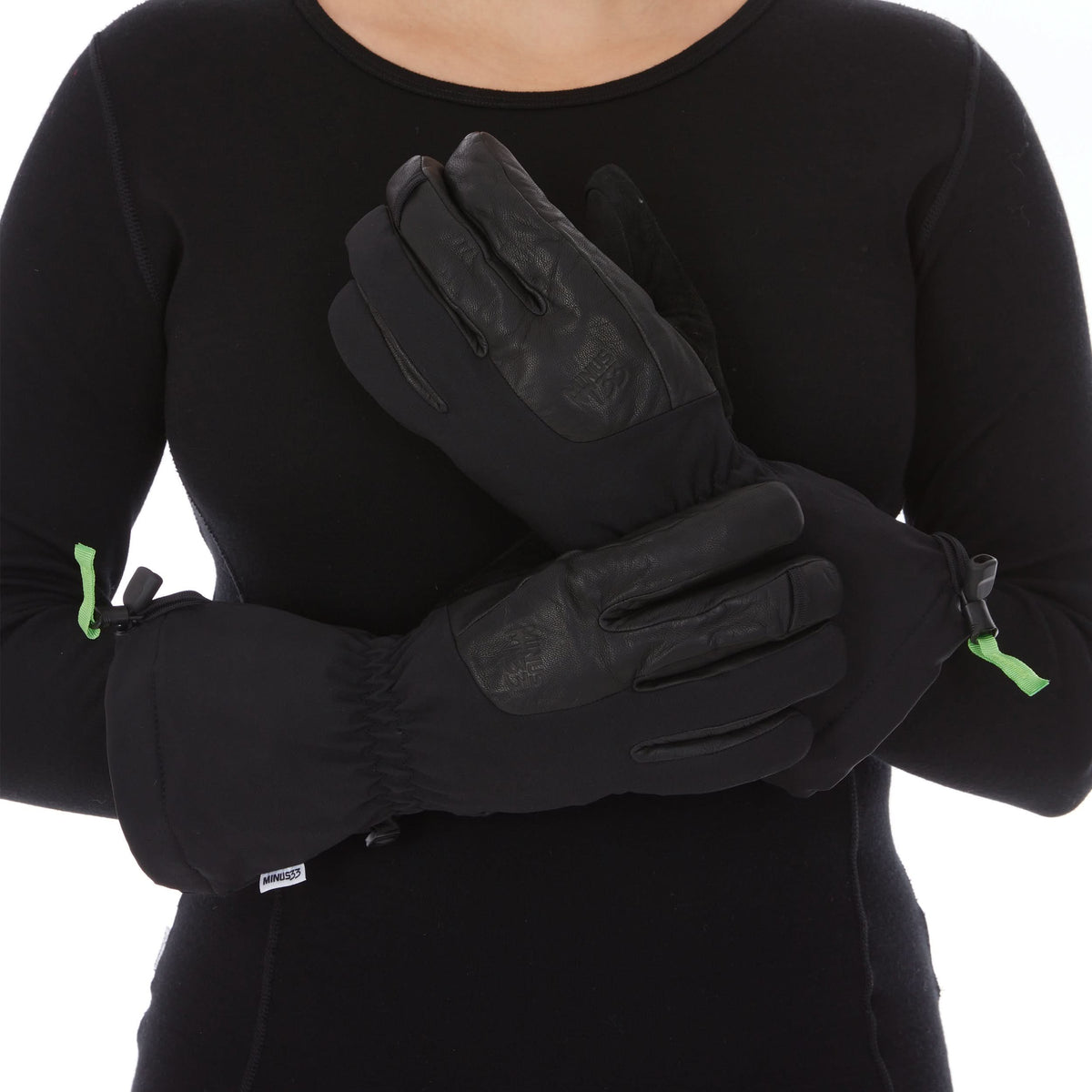 winter guide glove heavyweight wool waterproof glove, worn pair with crossed arms, palm view