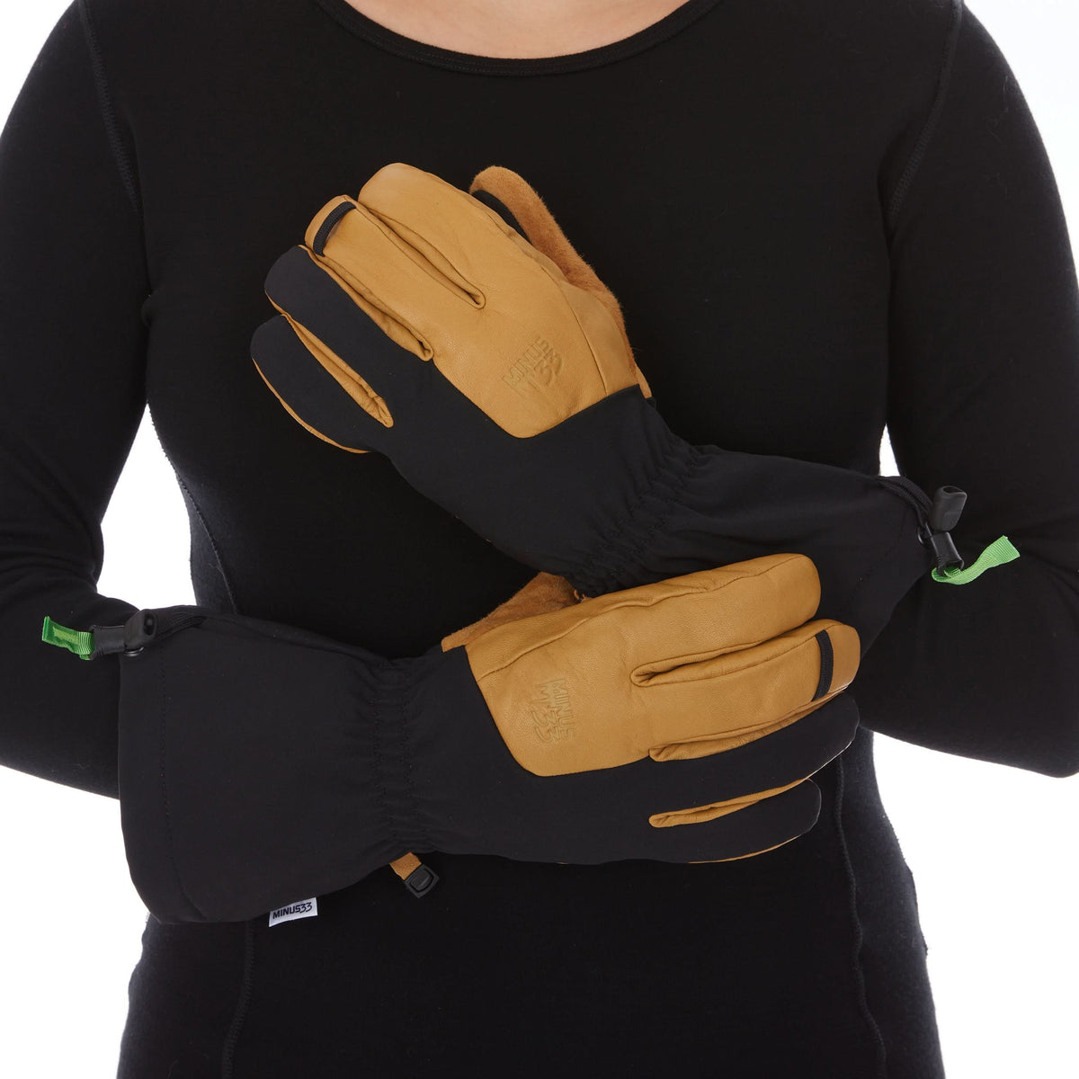 winter guide glove heavyweight wool waterproof glove, worn pair with crossed arms, back view
