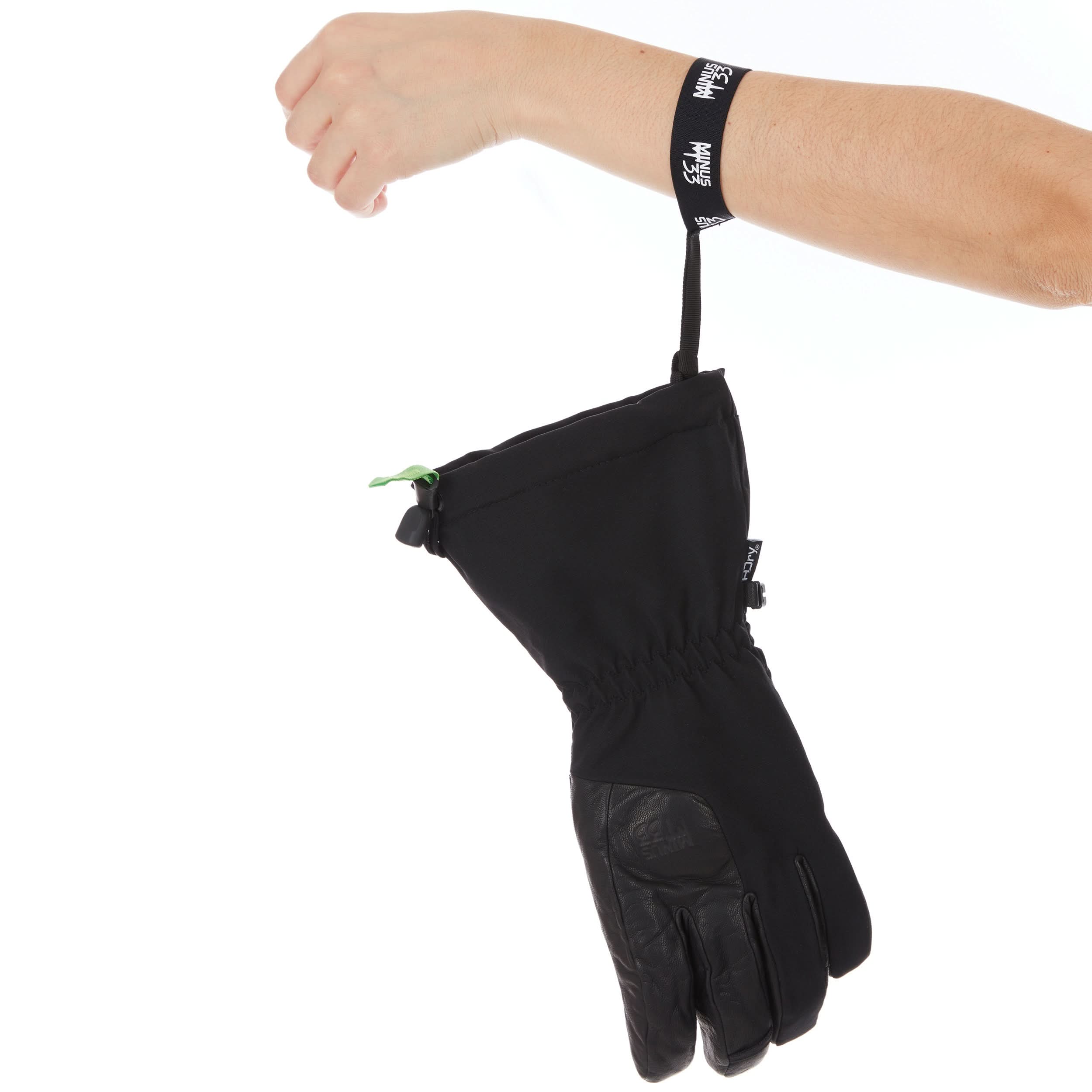 winter guide glove heavyweight wool waterproof glove, single glove hanging from wrist strap, palm view